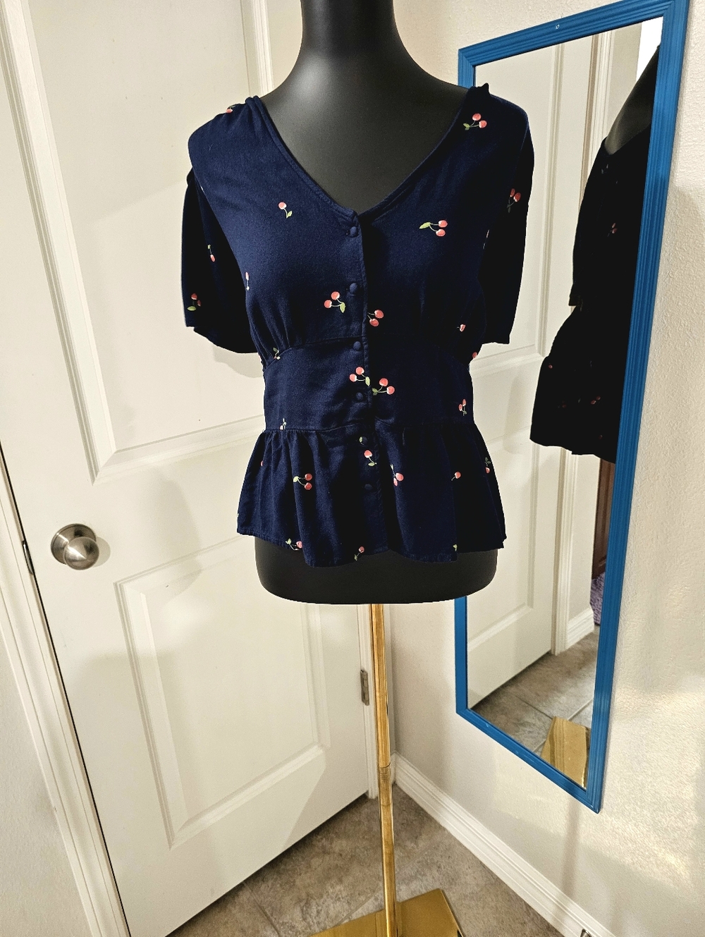 Women's Navy Cherry Print Peplum Top Size XL